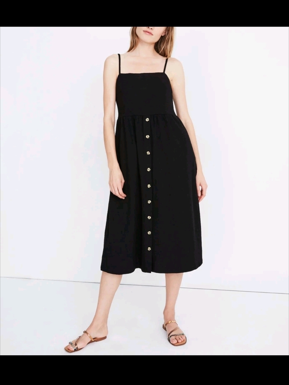 Madewell Women's True Black Boho Cami Button-Front Textured Gauze Midi Dress